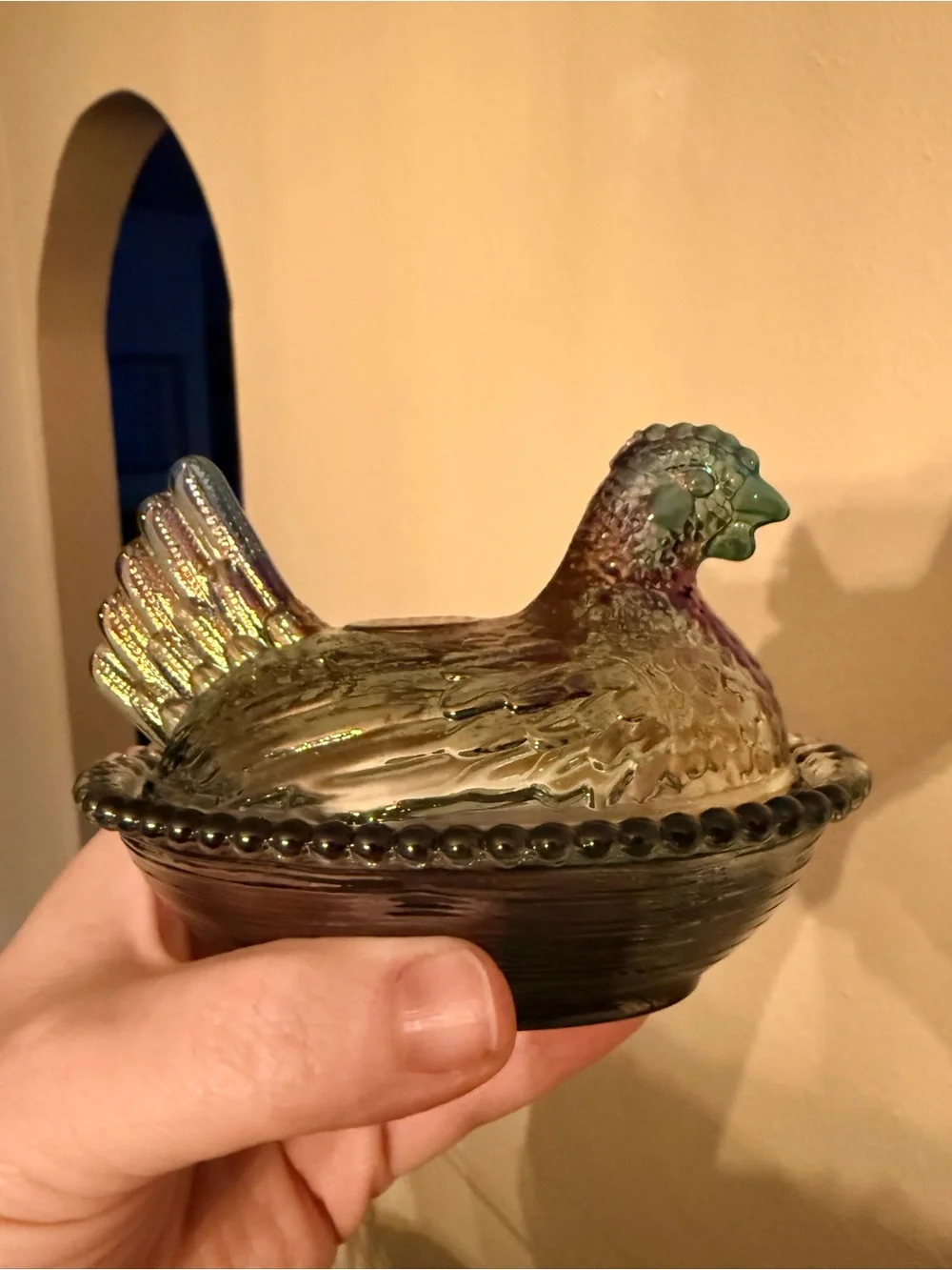 Iridescent Green Glass Hen on Nest Trinket Dish